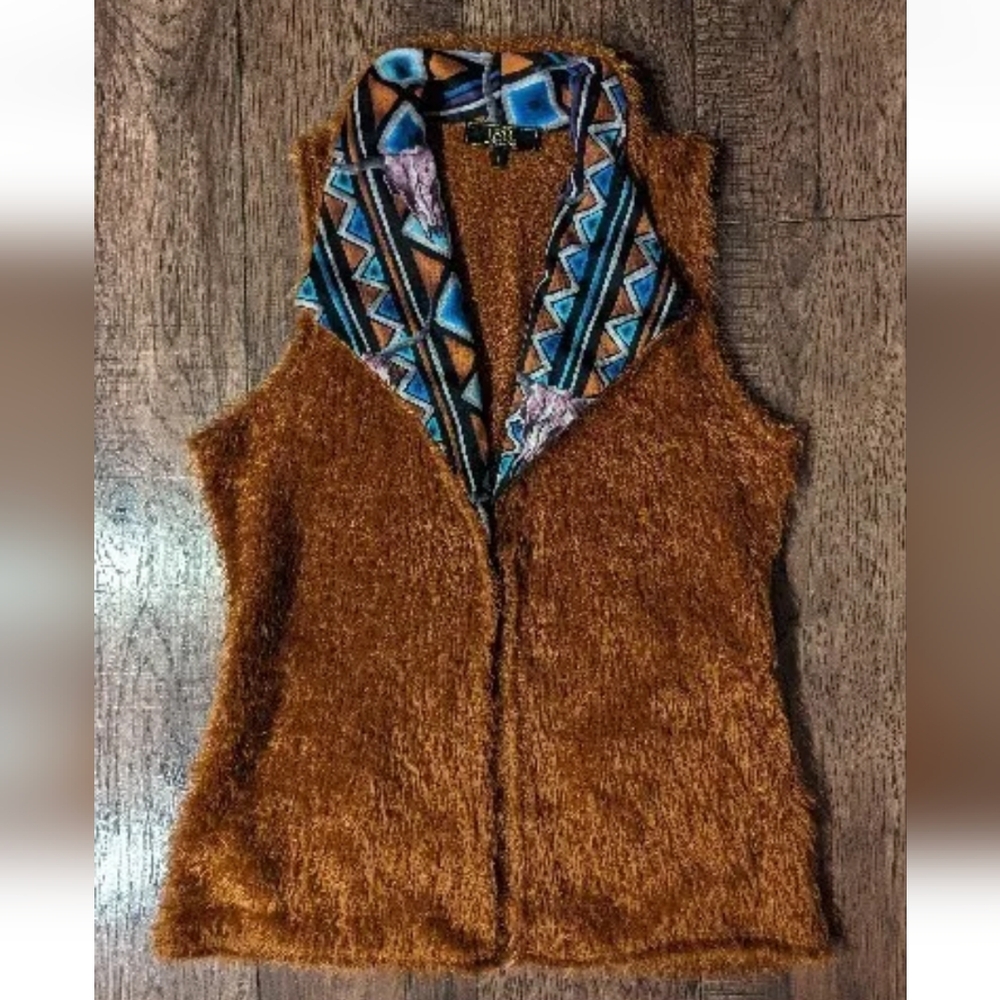 Lucky & Blessed Women's Burnt Orange Shag Vest W/ Colorful Aztec Accent Size S